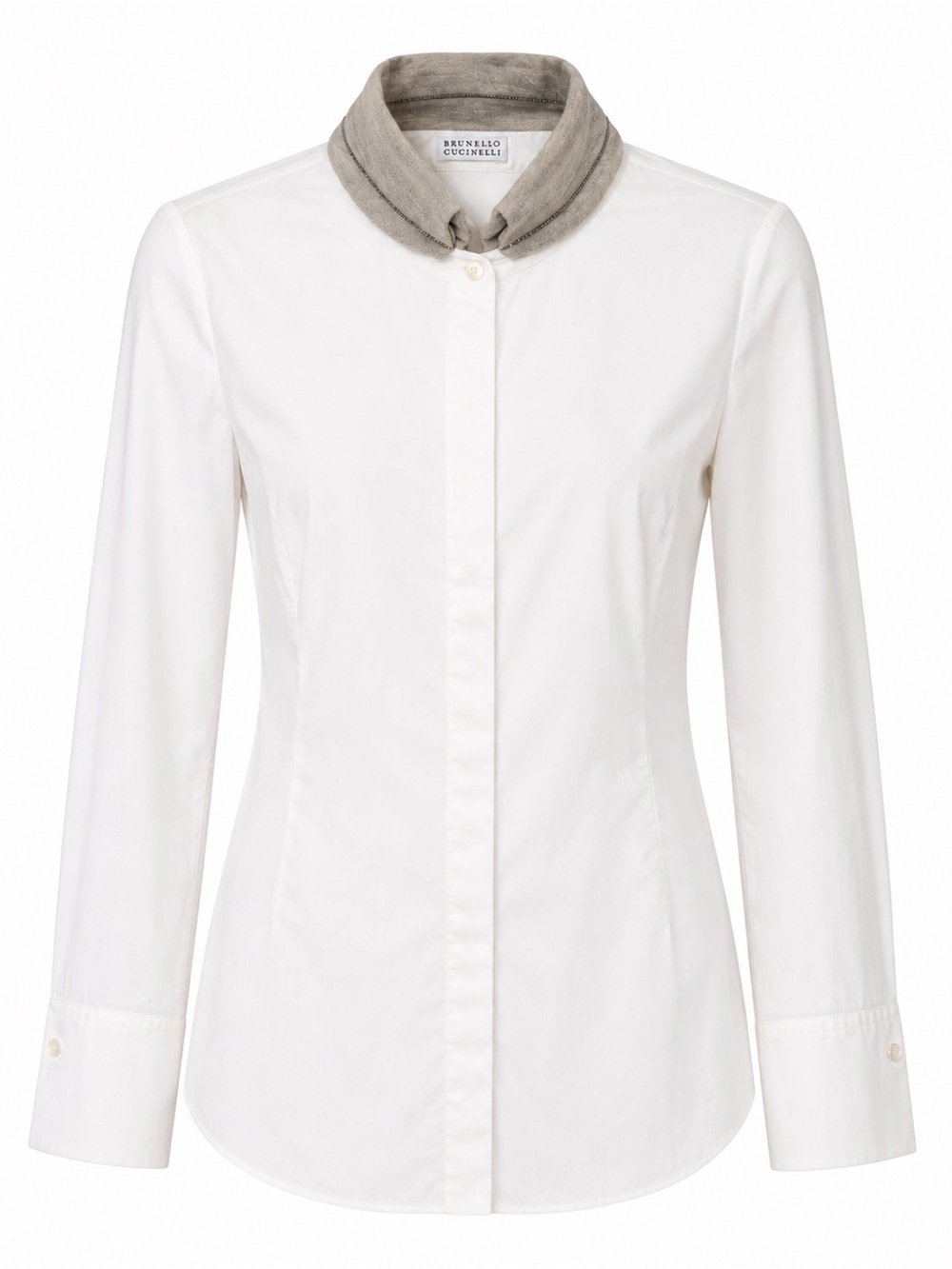 Brunello Cucinelli White Cotton Shirt with Gray Monili Collar